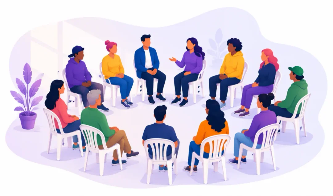 Una reunión del Grupo Doce Doce de Narcóticos Anónimos Grupo diverso de personas adultas sentadas en círculo durante una reunión de Narcóticos Anónimos; una persona comparte y las demás escuchan